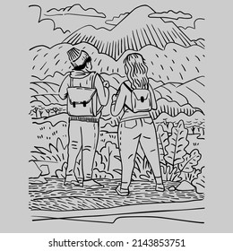 Сouple looking at the mountains. Couple plotting route for hiking. Vector digital graphics.