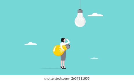 looking for new business strategy to change management or transition to better innovative company, business transformation, businesswoman looking for ways to replace old light bulb ideas with new ones