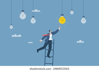 Looking for new ideas and always the big idea, Striving or creating hope for business success, Businessman climbs the ladder searching for new ideas for success in business. Vector design.