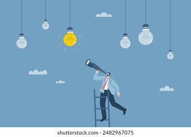 Looking for new ideas and the big idea is always, Business planning for leaders, Continuously searching for opportunities, Corporate leader climbing the stairs to find the best ideas for success.