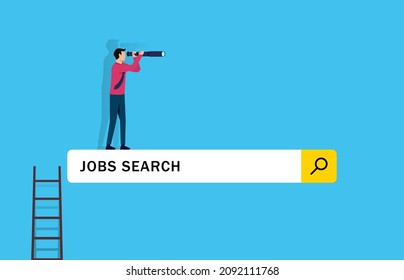 Looking for new job. businessman climb up ladder of job search bar with telescope to see opportunity.