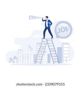 Looking for new job, businessman climb a ladder on job search bar with binocular to see opportunity, flat vector modern illustration