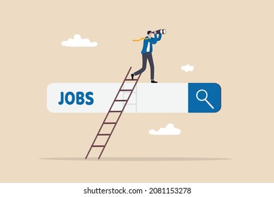Looking for new job, employment, career or job search, find opportunity, seek for vacancy or work position concept, businessman climb up ladder of job search bar with binoculars to see opportunity. - Shutterstock ID 2081153278