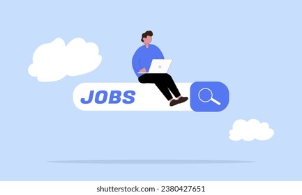 Looking for new job, employment, career or job search, find opportunity, seek for vacancy or work position concept, businessman climb up for job search bar with laptop to see opportunity