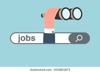 Looking for a new job or employment, career path or promotion, ladder of success, new career vacancy, looking for new opportunities and work, hand with binoculars exits search bar with job.