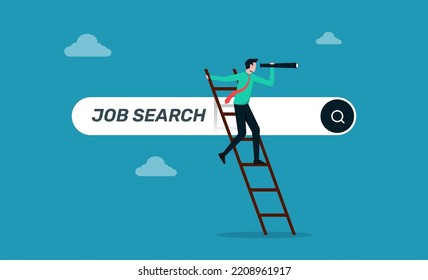 Looking for new job, find opportunity and seek for a new challenge, businessman climb a ladder on job search bar with binocular to see opportunity and vacancy