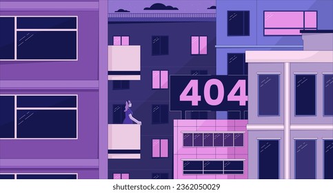 Looking on city error 404 flash message. Observation desk. Website landing page ui design. Not found cartoon image, dreamy vibes. Vector flat illustration concept with 90s retro background