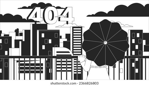 Looking on city from terrace black white error 404 flash message. Woman under umbrella. Monochrome website landing page ui design. Not found cartoon, dreamy vibes. Vector flat outline illustration