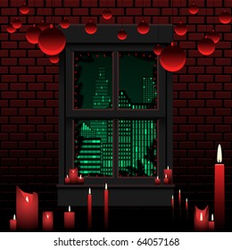 Looking out an apartment window in the city at Christmas