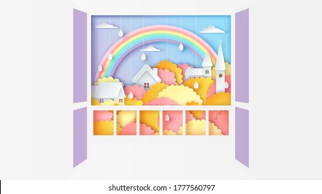 Looking out from door at balcony to landscape of castles with forest and a beautiful rainbow on the sky in rainy season. paper cut and craft style. vector, illustration.