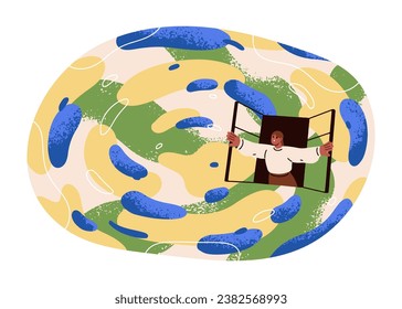 Mirando desde la ventana abierta, descubriendo desconocidos, explorando nuevos. Sueños creativos, inspiración, ideas y descubrimiento. Concepto de psicología. Ilustración vectorial plana aislada en fondo blanco