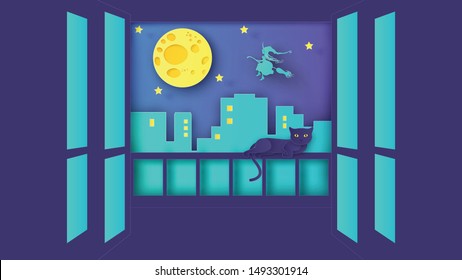 Looking out from opening door at balcony to view of city on Halloween night, see cat laying down and a witch flying in the sky. paper cut and craft style. vector, illustration.