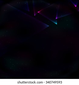 Looking out from the top soap translucent glass glowing blue and purple triangles on a black space retro background.