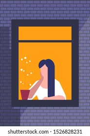 Looking out of window in brick building, young woman with long dark hair sitting alone, thinking, daydreaming, potted home plant on a sill, cosy scene, leisure time indoors, lifestyle illustration