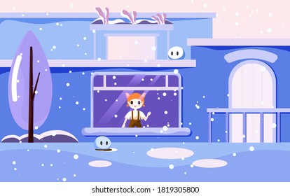 Looking out of the window at home on a snowy winter's hand-painted background