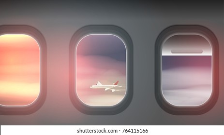 Looking out the Windows of a Plane, at Clouds and another Aeroplane - Vector Illustration
