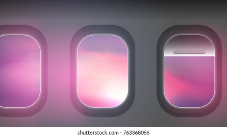 Looking out the Windows of a Plane , Sunset View - Vector Illustration