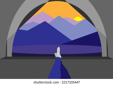 Mirando la vista del amanecer desde una tienda de campaña en el paisaje montañoso.