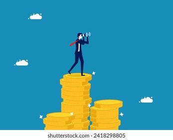 Looking for passive income. Businessman uses binoculars on pile of money 