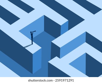 Looking past the problem, Finding a way out, Businessman looking through a telescope in a maze