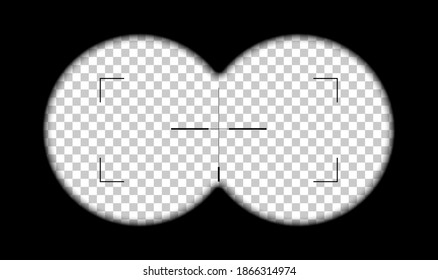 Looking in periscope or binoculars at target on black background. Sight view of lookout vector illustration. Optical crosshair zoom symbol. Optic viewfinder in action on transparent background.