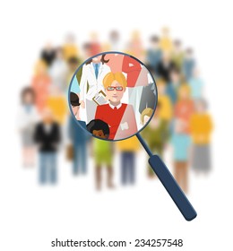 Looking for a person in the crowd with a magnifying glass