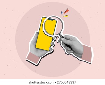 Olhando para um telefone com uma tela em branco através de uma lupa. Estilo de colagem moderno. Ilustração vetorial