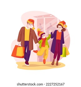Looking for presents isolated cartoon vector illustration. Happy family spending time in shopping mall, looking for Christmas gifts, religious holiday preparation, festive days vector cartoon.