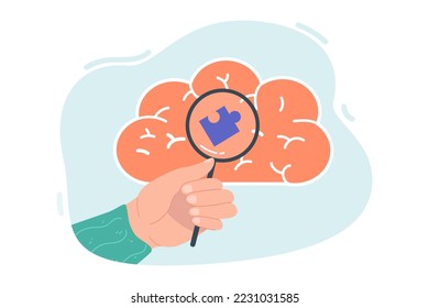 Mirando el rompecabezas en el cerebro humano a través de la lupa. Ilustración vectorial plana de idea creativa. Mente, inteligencia, psicología, educación, concepto de innovación para banner, diseño de sitios web o página web de aterrizaje