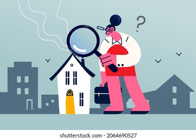 Looking for real estate concept. Young positive woman cartoon character standing with magnifier and making research of apartment for rent or buy vector illustration 