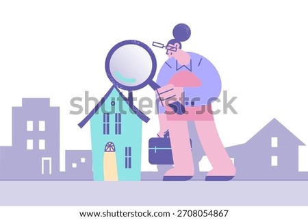 Looking for real estate concept. Young positive woman cartoon character standing with magnifier and making research of apartment for rent or buy vector illustration