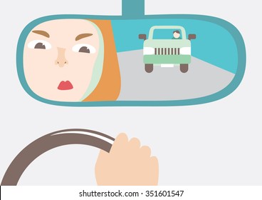 Looking in a rear-view mirror. Young female driver in a slide road traffic. Girl and car window