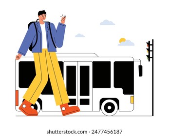 Looking for a route around the city by public transport, bus, road trip vector illustration.