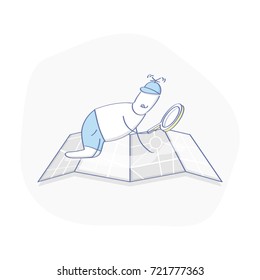 Looking for route, Destination point, location Place on the map. Cute cartoon character looking for something on map with magnifying glass. Flat outline vector illustration.