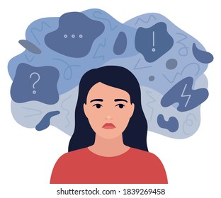 Looking sad, anxious thoughts of girl. Pensive woman is surrounded by sad reflections. Anxiety, depression, stress. Mental disorder and chaos in mind. Vector flat illustration