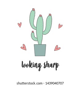 Looking sharp. Cute cartoon cactus and succulents drawing. Cacti doodle illustration. can be used for cards, invitations or like sticker