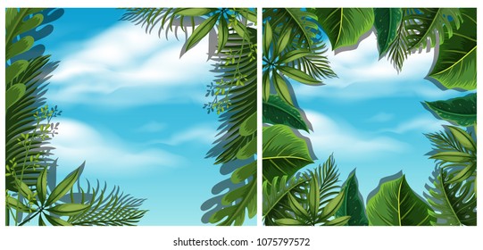 Looking at sky from bottom view in forest illustration