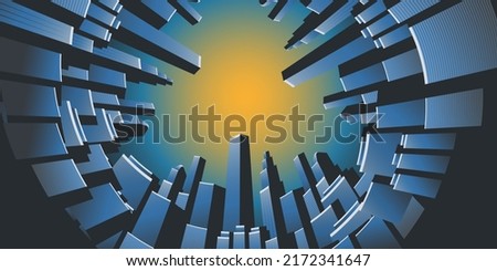 Looking Up to the Sky from the Ground- Perspective View of Towering Skyscrapers from Below - Three Dimensional Retro Style Vector Background Design Foto d'archivio © 
