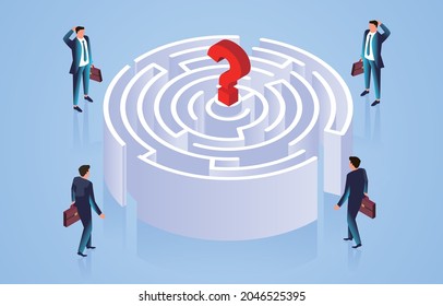 Looking for a solution to the problem, four businessmen stood at the door of the maze thinking about how to find the question mark