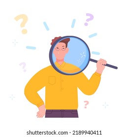 Looking something at magnifier. Fun man look eye in magnifying glass, research check inspection concept cartoon person student portrait character searching pose vector illustration