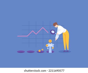 looking for a source of income or revenue. see and analyze business opportunities and profits. A businessman uses a magnifying glass to look for holes that contain sources of water and money. concept