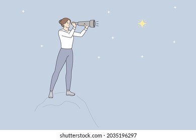 Looking at stars with binoculars concept. Young woman cartoon character standing looking at stars on sky through binoculars vector illustration 