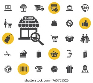 Looking For A Store. Search shop icon on white background. Simple shopping icons set. Universal shopping icon to use for web and mobile UI, set of basic UI shopping elements.