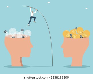 Looking for strategies and new creative ideas to create business and increase its profitability, thought process or intelligence for great success, man with pole jumps to head with working light bulbs