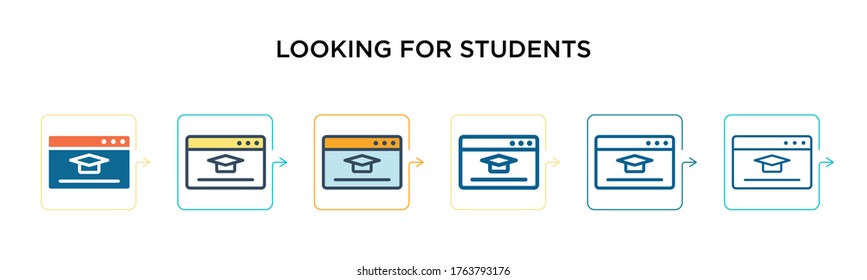 Looking for students vector icon in 6 different modern styles. Black, two colored looking for students icons designed in filled, outline, line and stroke style. Vector illustration can be used for 