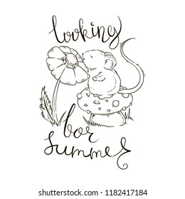 Looking for Summer. Hand painted cartoon mouse on mushroom with flower. Greetings or invitation retro card, poster, print. Vector cute illustration for coloring pages.