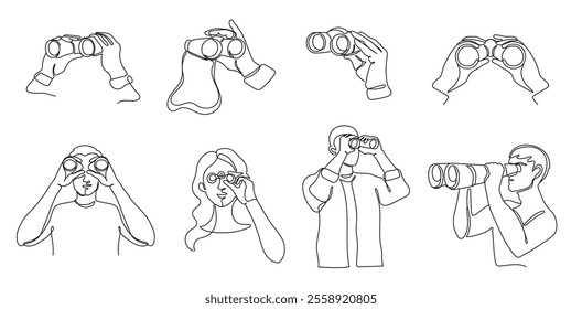 Looking through binocular. Observer hands and people holding binoculars in various poses, continuous one line exploration and adventure vector illustration set.