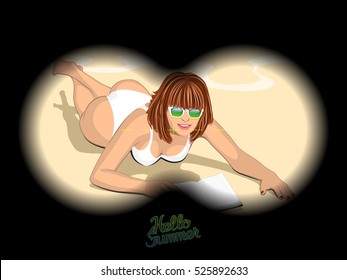 Mirando a través de binocular sobre poner sexy mujer jengibre en bikini blanco con libro en la playa de arena