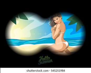 Looking through binocular on sexy woman in white bikini on the sand sea beach