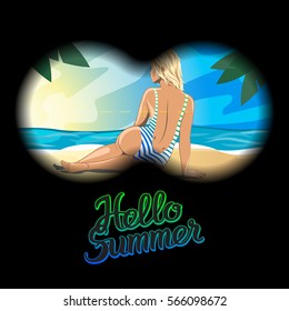 Looking through binocular on sexy woman in bikini on the sand sea beach. Pinup vintage vector illustration